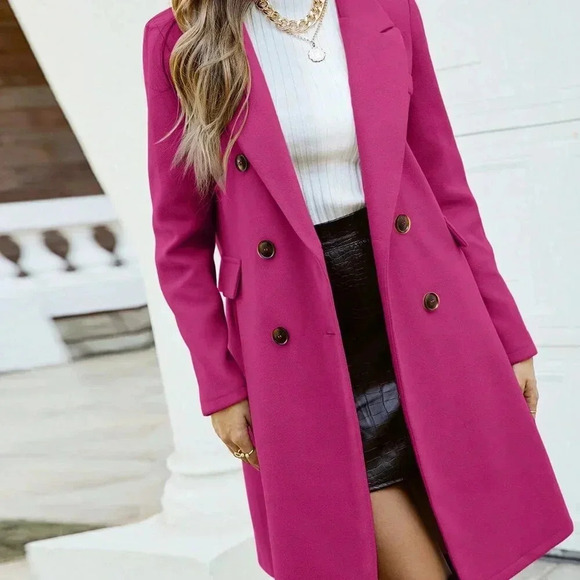Hot Pink Elegant Women's Lapel Neck Double Breasted Overcoat - Picture 5 of 6